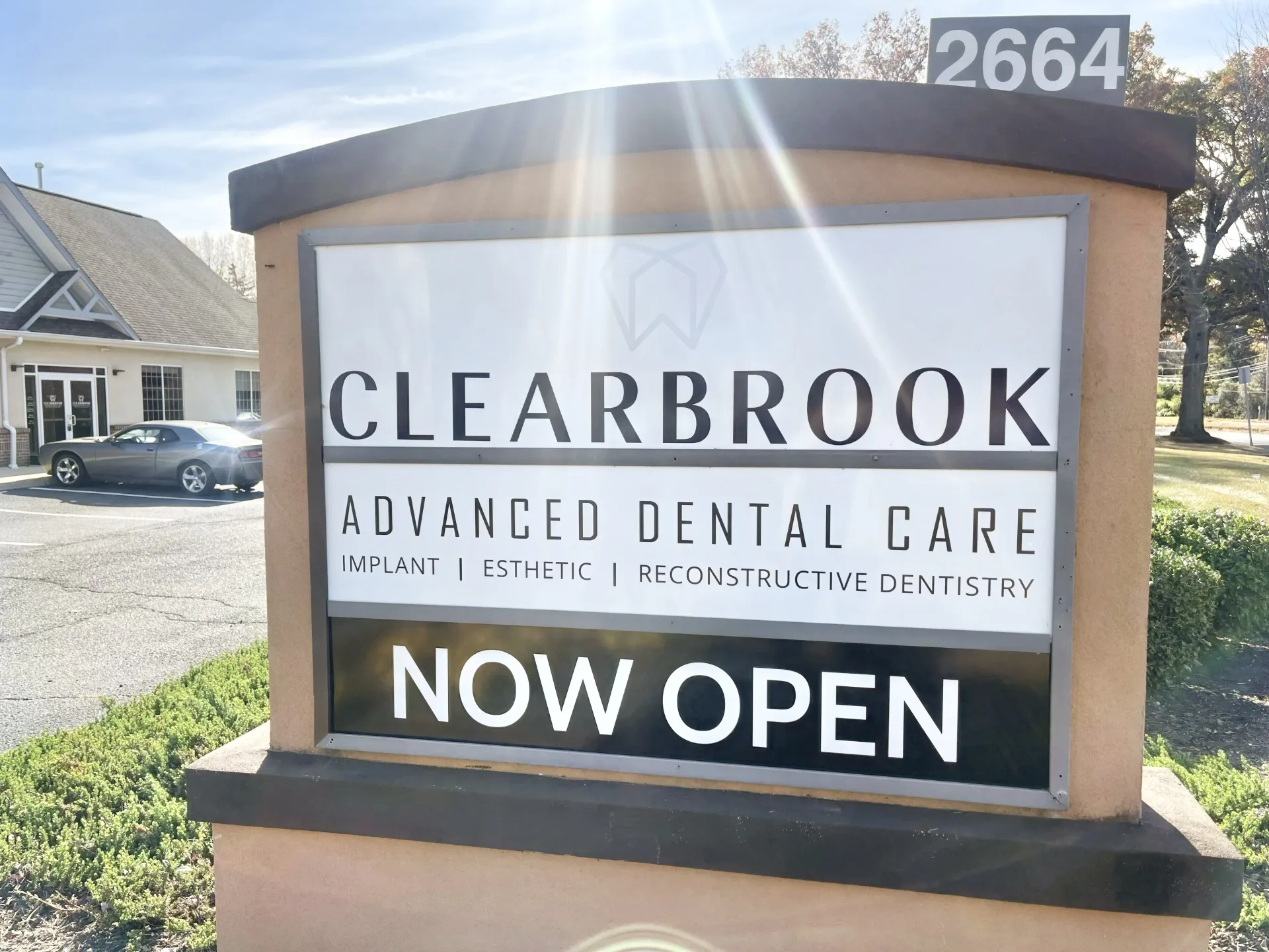 Clearbrook Advanced Dental Care exterior monument sign in Cranbury, NJ — Now Open