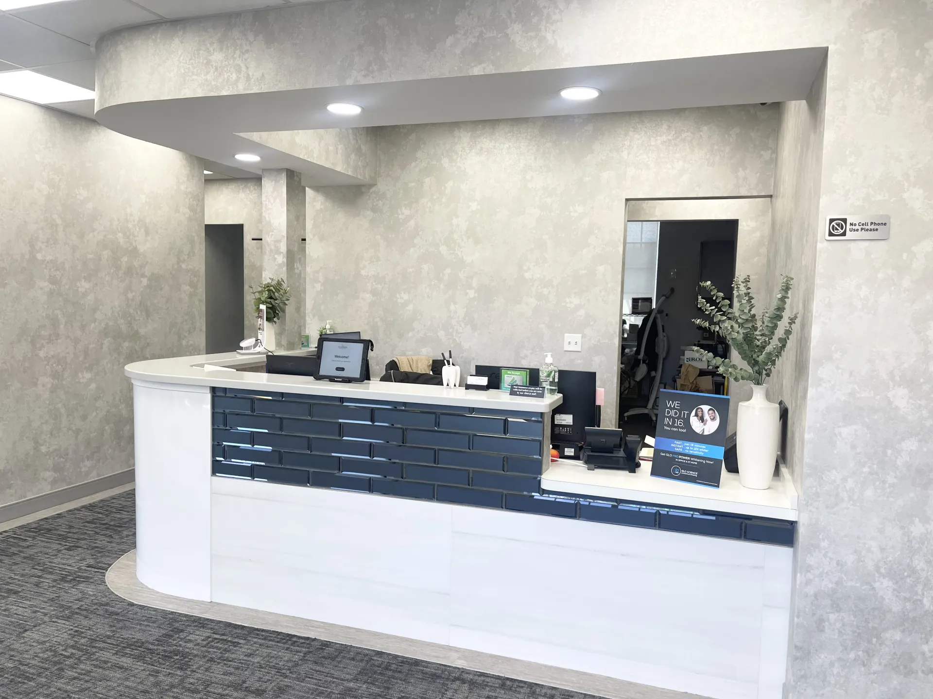 The front desk check-in area at Clearbrook Advanced Dental Care in Cranbury, NJ