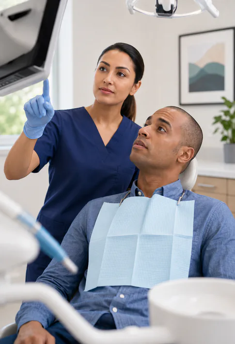 Dentist reviewing a full mouth restoration treatment plan with a patient